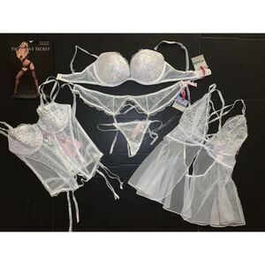 Victoria's Secret 34C BRA SET+garter slip/CORSET+BABYDOLL white silver ICE ANGEL